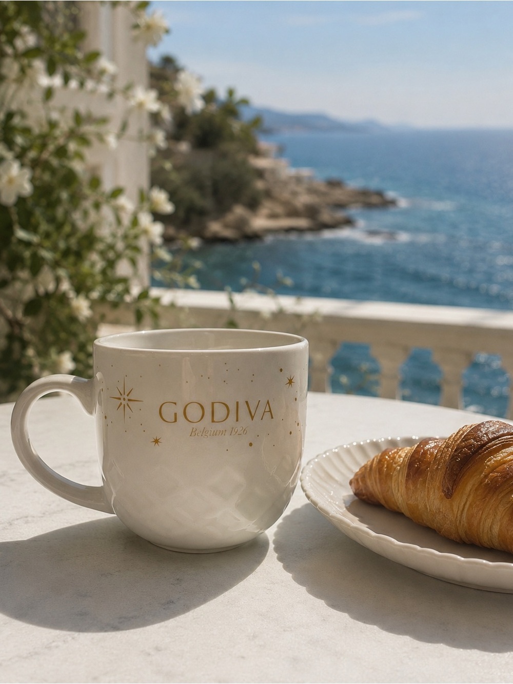 GoDiva White Ceramic Mug with Gold Star Accents